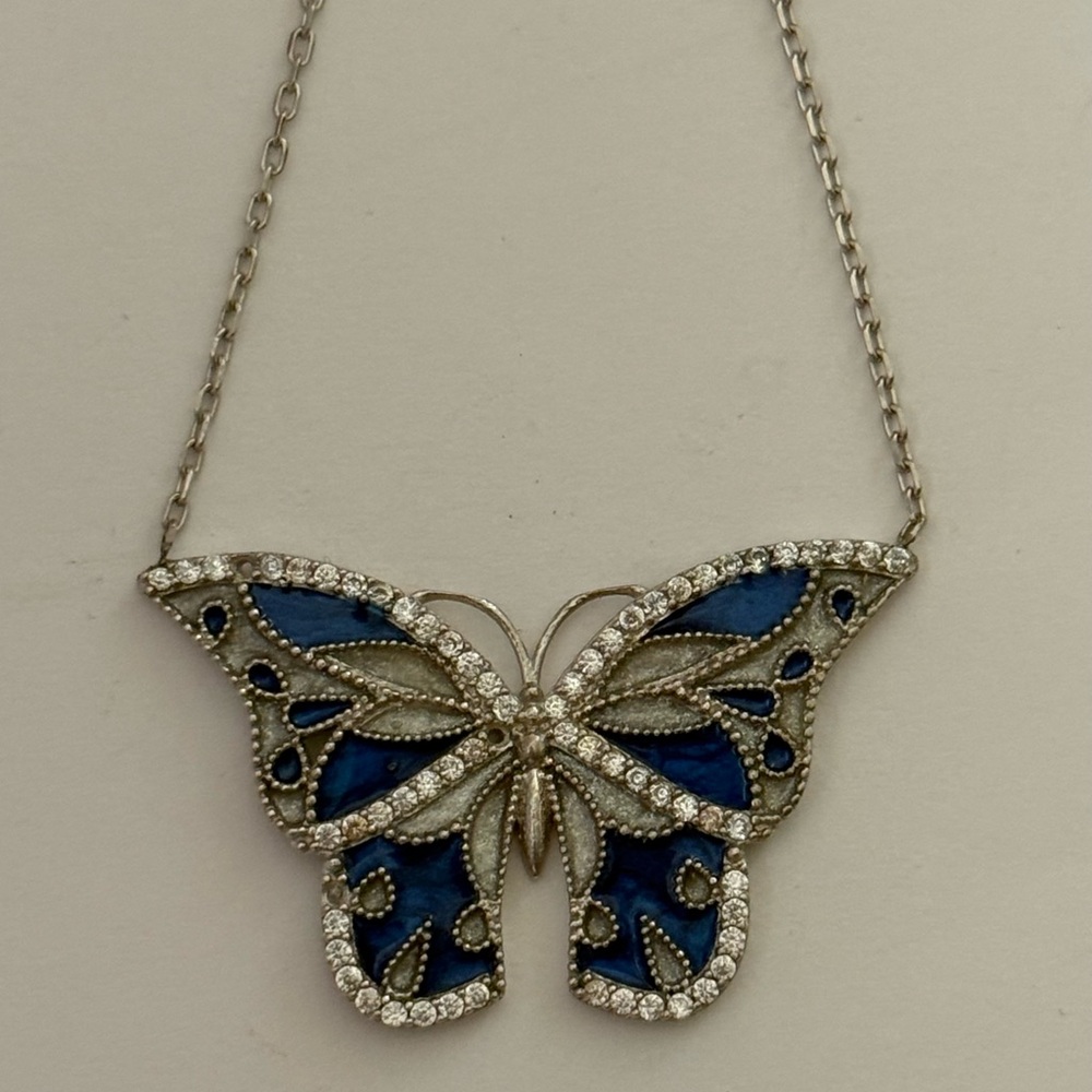 🦋Blue butterfly 925 silver handmade cz necklace clear cubic zirconia cz stones